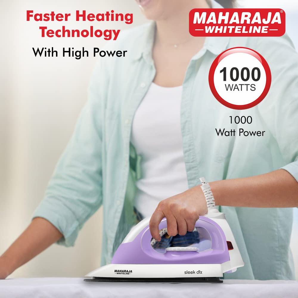 Maharaja Whiteline Plastic Sleek Dlx Dry Iron, 1000W (Pastel Violet & White), 1000 Watts