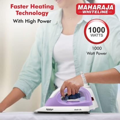 Maharaja Whiteline Plastic Sleek Dlx Dry Iron, 1000W (Pastel Violet & White), 1000 Watts
