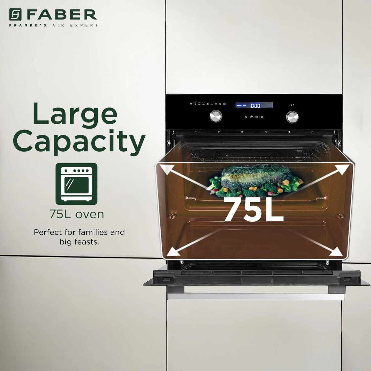 Faber 75L Built-in Convection Oven (FBIO 75L 9F BK, Full Black Glass) | 9 Cooking Functions with 3D Hot Air Circulation 