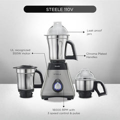 Preethi Steele 110V Mixer Grinder for Kitchen | 3 Jar, 550W Mixie| Perfect for Grinding | Silver/Black  - Only use in USA & Canada
