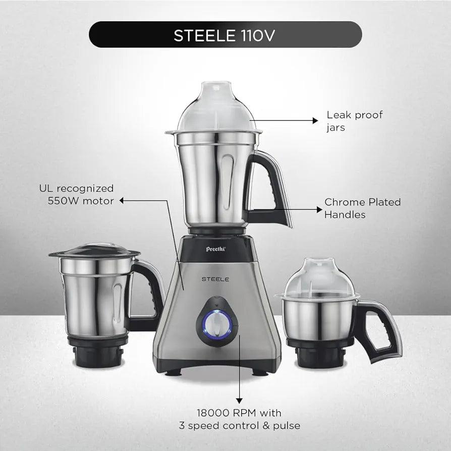 Preethi Steele 110V Mixer Grinder for Kitchen | 3 Jar, 550W Mixie| Perfect for Grinding | Silver/Black  - Only use in USA & Canada