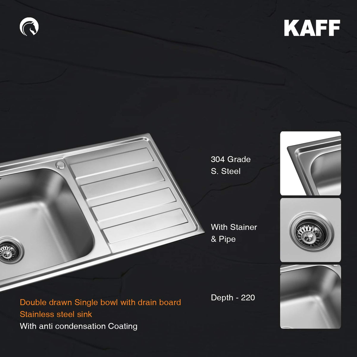 Kaff KSD 10 SBD Single Bowl with Drain Board Stainless Steel Sink Anti Condensation Coating Thick Sound Reduction pad on