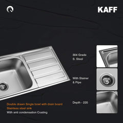 Kaff KSD 10 SBD Single Bowl with Drain Board Stainless Steel Sink Anti Condensation Coating Thick Sound Reduction pad on