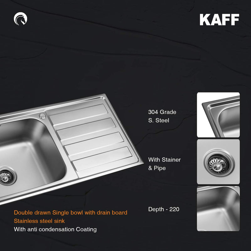 Kaff KSD 10 SBD Single Bowl with Drain Board Stainless Steel Sink Anti Condensation Coating Thick Sound Reduction pad on