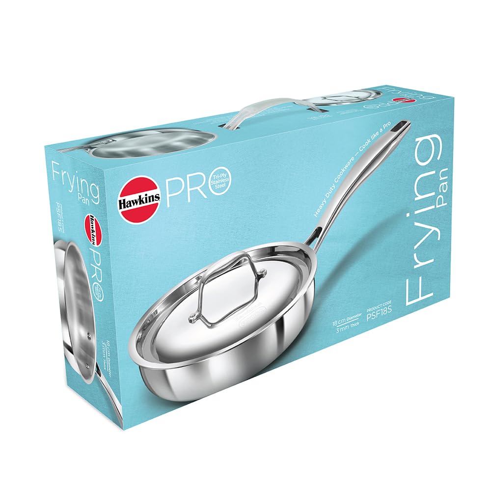 Hawkins Pro 18 cm Frying Pan, Triply Stainless Steel Fry Pan with Stainless Steel Handle and Stainless Steel Lid, Silver (PSF18S)