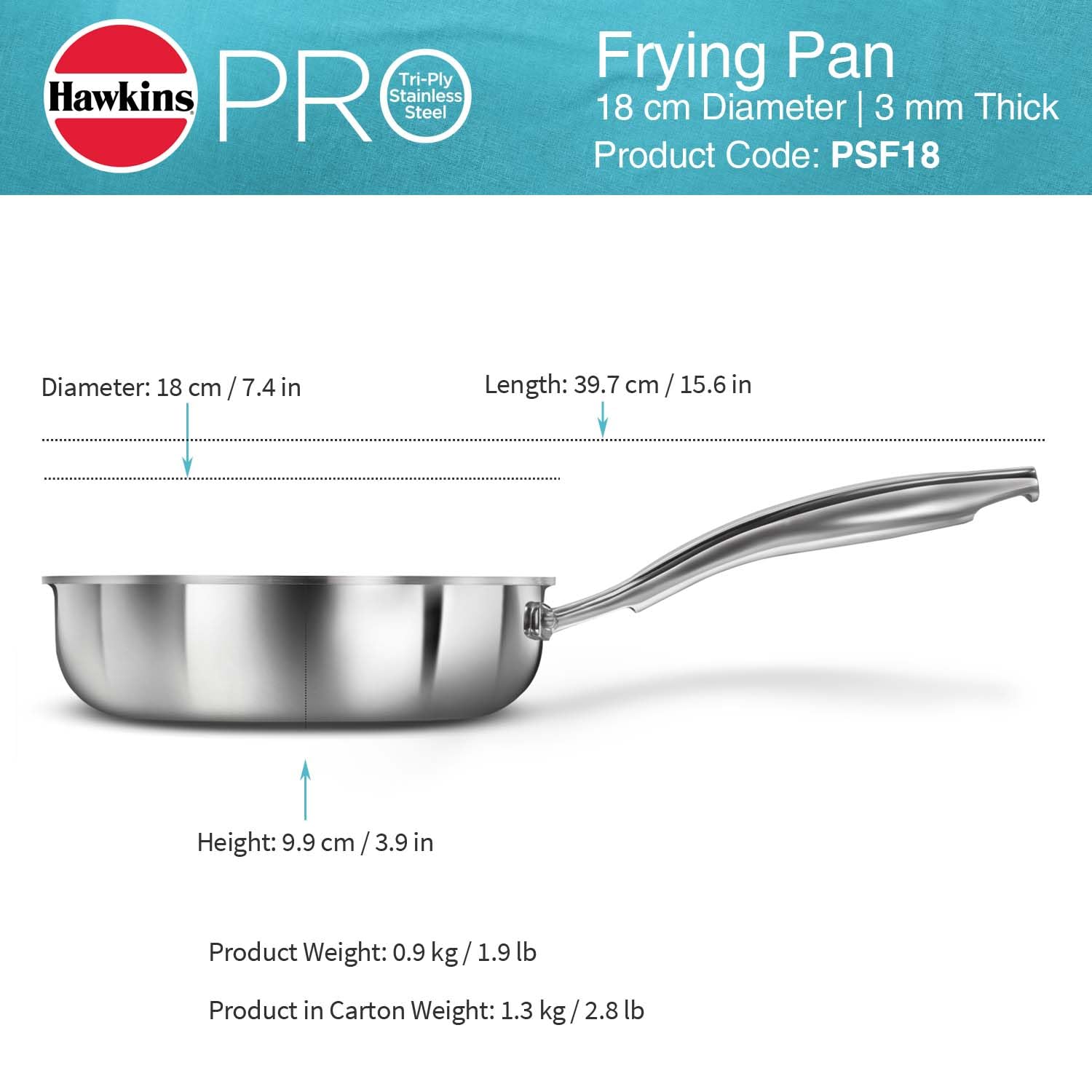 Hawkins Pro 18 cm Frying Pan, Triply Stainless Steel Fry Pan with Stainless Steel Handle, Silver (PSF18)