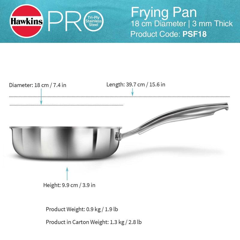 Hawkins Pro 18 cm Frying Pan, Triply Stainless Steel Fry Pan with Stainless Steel Handle, Silver (PSF18)
