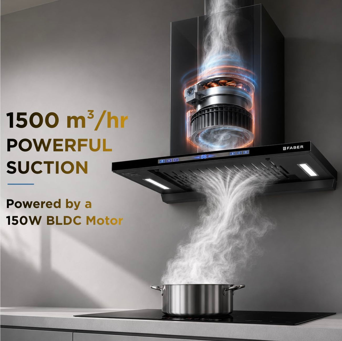 Faber SLIMX 60cm 1500m³/hr BLDC Autoclean Filterless T-Shape Chimney||Built In Oil Collector|Touch & Gesture Control|12Y