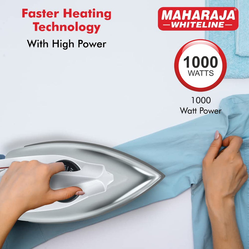 Maharaja Whiteline Plastic 1000 Watts Classico Dry Iron, 1000 Watts |Adjustable Temperature Control | Isi Centified | Non-Stick Soleplate | Indicator Light | (White)
