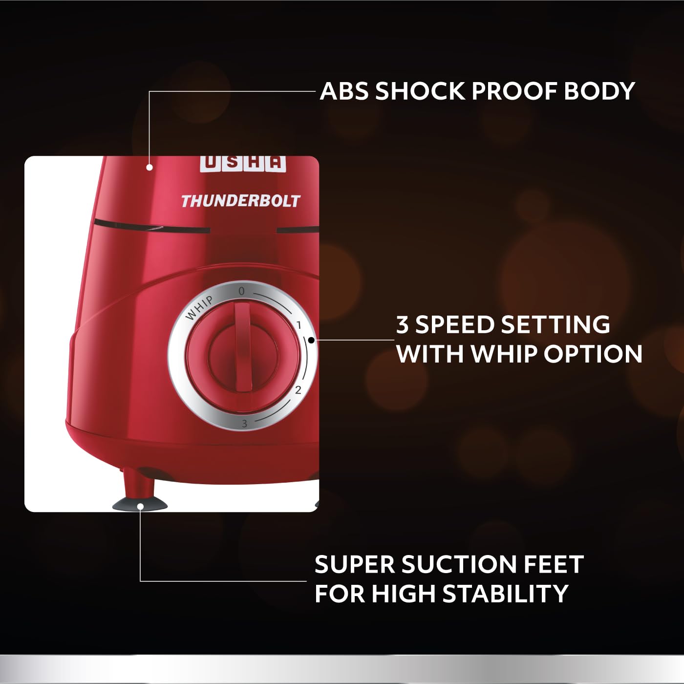 USHA Thunderbolt 800-Watt Copper Motor Mixer Grinder with 3 Jars and 5 Years Motor Warranty(Red)