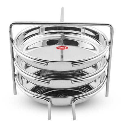 PANCA Stainless Steel Dhokla Maker, Thatte Idli Maker, 3 Big Plates, 16 cm Plates Set With Stand, Fits in all Cookers, Dhokla Stand | Dhokla Plate Only | Thattu Idli Plate | Idli and Dhokla Maker | Khaman Dhokla Plate