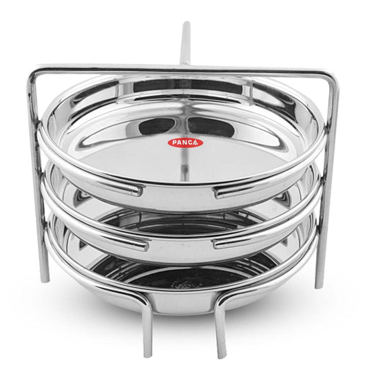 PANCA Stainless Steel Dhokla Maker, Thatte Idli Maker, 3 Big Plates, 16 cm Plates Set With Stand, Fits in all Cookers, Dhokla Stand | Dhokla Plate Only | Thattu Idli Plate | Idli and Dhokla Maker | Khaman Dhokla Plate