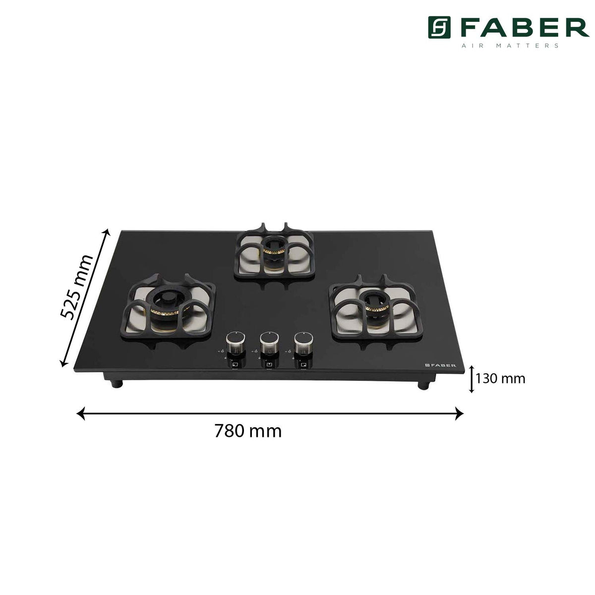 Faber Mild Steel Hobtop Imperia Plus 783 BRB Ci Bk 3 Brass Auto Ignition Burner Auto Electric Ignition Glass Top (Black)