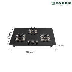 Faber Mild Steel Hobtop Imperia Plus 783 BRB Ci Bk 3 Brass Auto Ignition Burner Auto Electric Ignition Glass Top (Black)