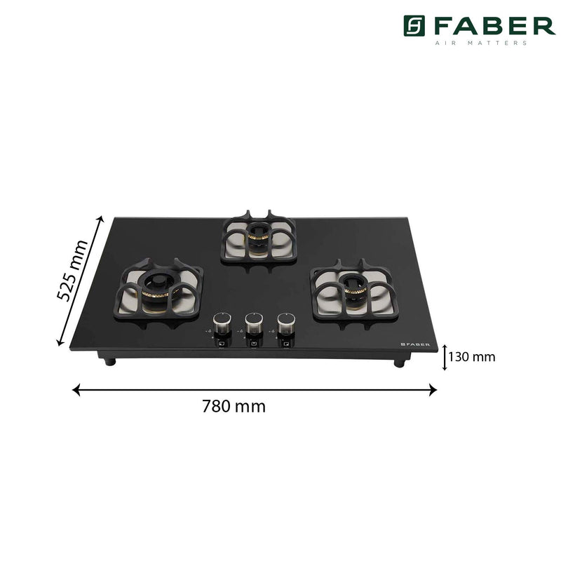 Faber Mild Steel Hobtop Imperia Plus 783 BRB Ci Bk 3 Brass Auto Ignition Burner Auto Electric Ignition Glass Top (Black)