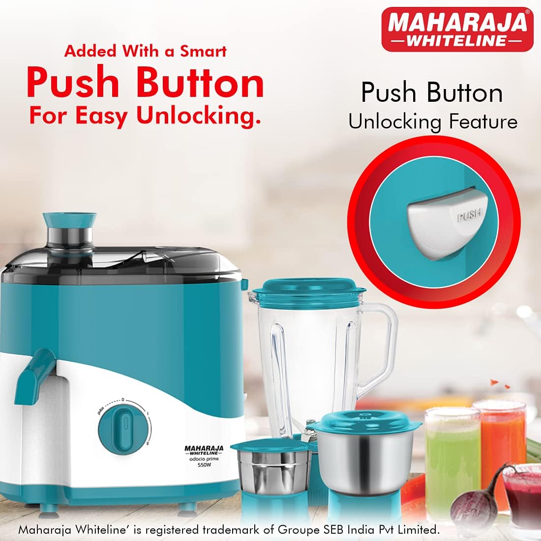Maharaja Whiteline Odacio Prime Juicer Mixer Grinder with 3 Jars, Motor, Superior Stainless Steel Mesh, High Grade Plastic Lid for More Durability, 2 Year Warranty (Blue & White)