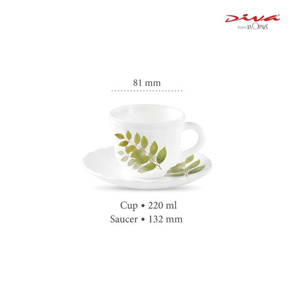 La Opala Diva, Opal Glass Crockery | Cup & Saucer Tulip Large, Set of 12 | Autumn Shadow, 220 ml | for Tea & Coffee | Microwave Safe | 100% Vegetarian | Extra Strong | Super Light | Super White