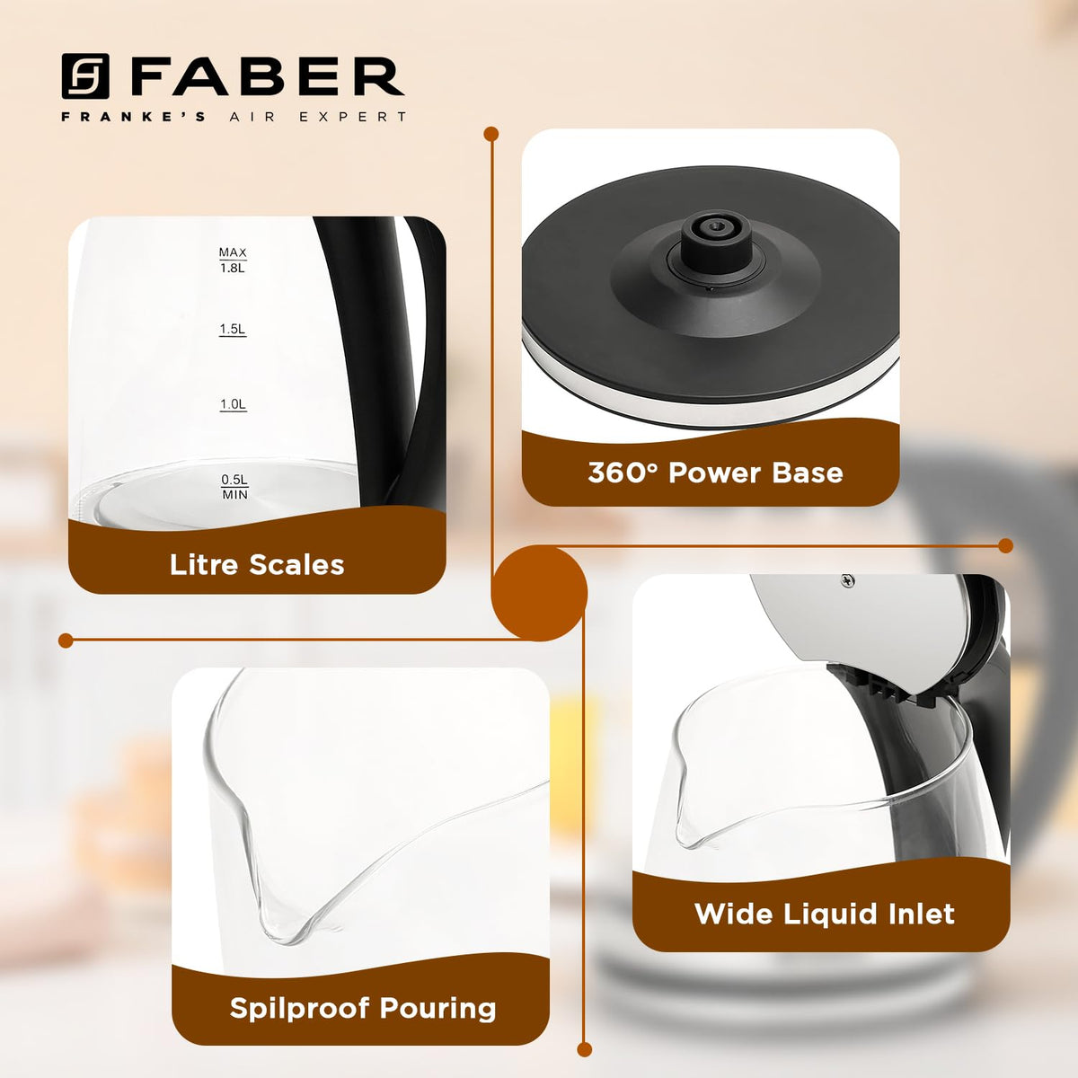 Faber 1.8L Electric Glass Kettle | 1500W | 2MM Borosilicate Glass | Dry Heat Protection | LED Illumination | Detachable 