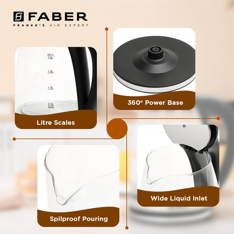 Faber 1.8L Electric Glass Kettle | 1500W | 2MM Borosilicate Glass | Dry Heat Protection | LED Illumination | Detachable 