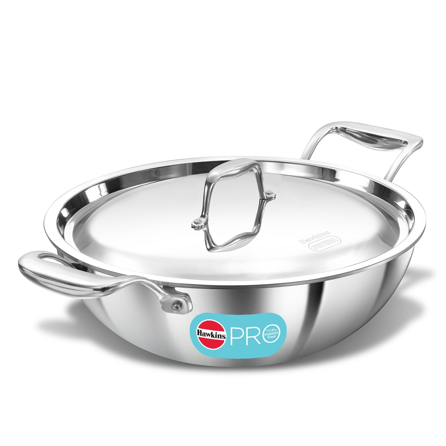Hawkins Pro 2.5 Litre Deep-Fry Pan, Triply Stainless Steel Kadhai with Stainless Steel Handles and Stainless Steel Lid, Silver (PSK25S)