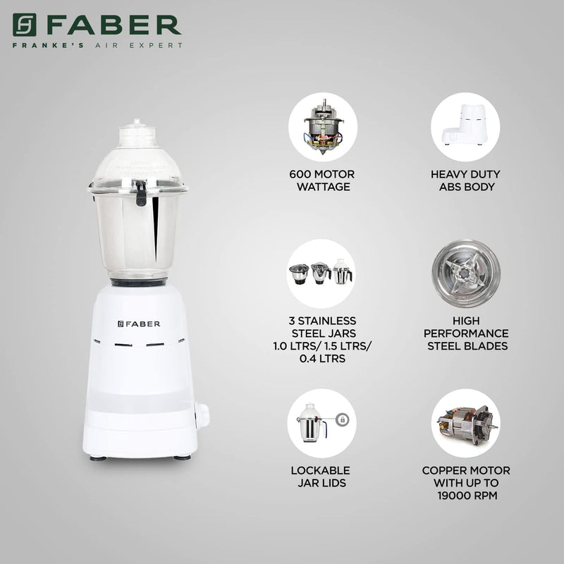 Faber Vogue 600W Blender Mixer Grinder, 3 SS Clip Lock Jars and Blades || Low-Noise Copper Motor, up to 19000 RPM Speed 