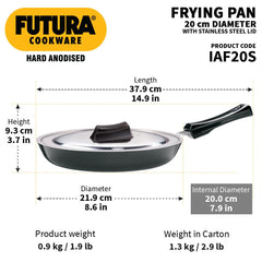 Hawkins Futura 22 cm Frying Pan, Hard Anodised Fry Pan with Stainless Steel Lid, Induction Compatible, Black