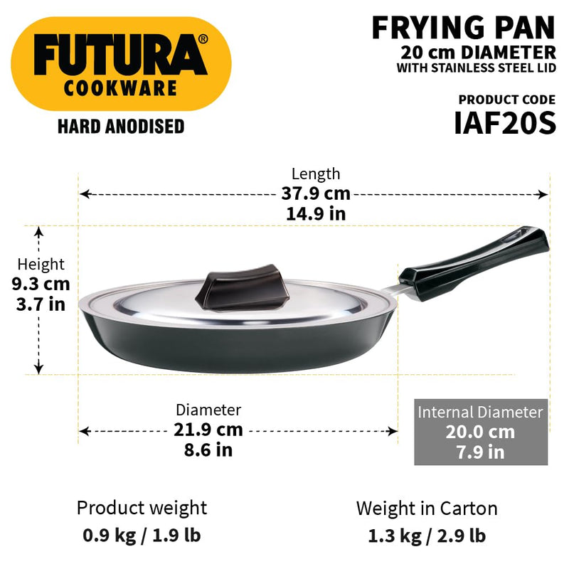 Hawkins Futura 22 cm Frying Pan, Hard Anodised Fry Pan with Stainless Steel Lid, Induction Compatible, Black