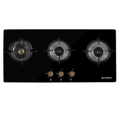 Faber Maxus HT803 CRS BR CI AI Glass, Mild Steel Hob/Hobtop 3 Brass Burner Auto Electric Ignition Glass Top Cooktop (Bla