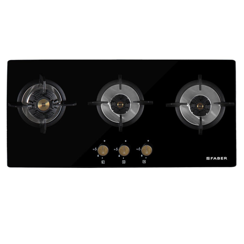 Faber Maxus HT803 CRS BR CI AI Glass, Mild Steel Hob/Hobtop 3 Brass Burner Auto Electric Ignition Glass Top Cooktop (Bla