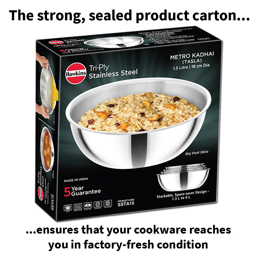 Hawkins 1.5 Litre Metro Kadhai, Triply Stainless Steel Induction Tasla, Silver (SSTA15)