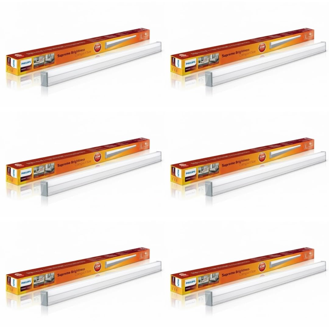 Philips Slimline Compact 2000-Lumen Metal Batten Tube Light for Kitchen & Small Rooms (20W, 2ft, Pack of 6