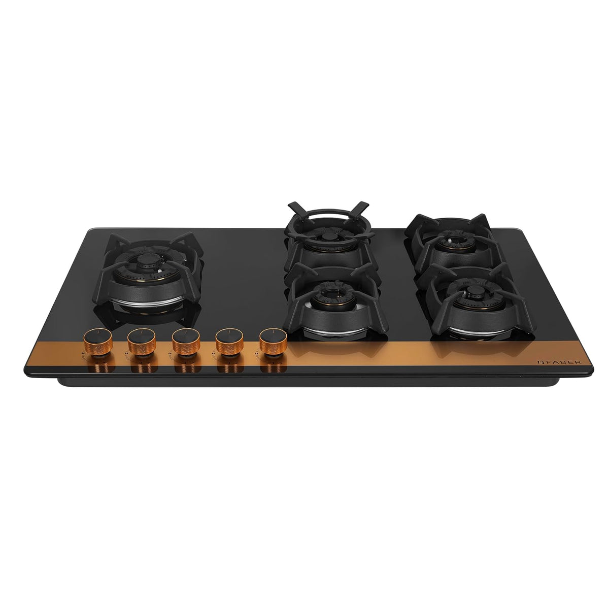 Faber 90cm 5Burner Gas Hob | Flame Failure Device | Cast Iron Pan Support | Metal Knobs | Dual Flame Burner | 8mm Toughe