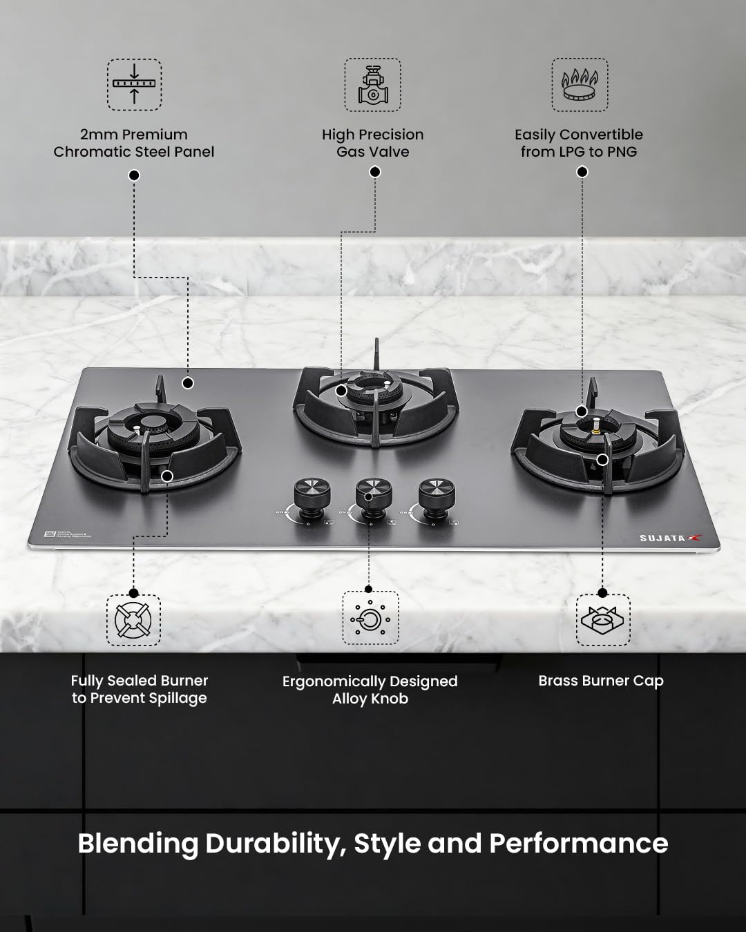 Sujata Gas Stove 3 Burners | 5 Years Warranty | 3 Burner Gas Stove Stainless Steel Auto Ignition, CookTop cum Hob Top, LPG Ready & PNG Compatible, Brass Burner (Osmium - 3 Burner Auto Ignition)
