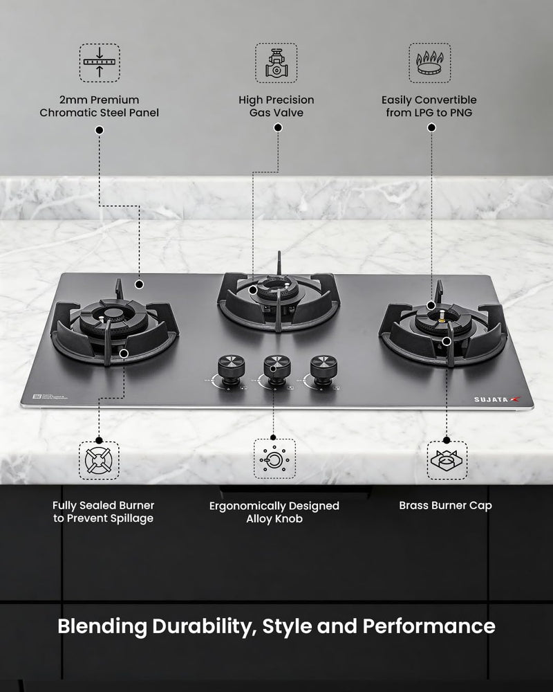 Sujata Gas Stove 3 Burners | 5 Years Warranty | 3 Burner Gas Stove Stainless Steel Auto Ignition, CookTop cum Hob Top, LPG Ready & PNG Compatible, Brass Burner (Osmium - 3 Burner Auto Ignition)