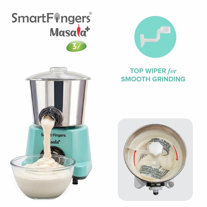 SmartFingers Masala + Table Top Wet Grinder 230V, 3 Liter, Green with Coconut Scrapper & Atta Kneader Attachment | Hands-Free Batter Dispenser | Top Wiper, 220W Motor | 5 Years Warranty | AISI 304