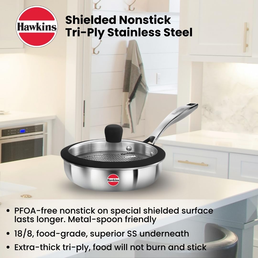 Hawkins Pro 18 cm Shielded Nonstick Triply Frying Pan, Fry Pan with Stainless Steel Handle and Glass Lid, Silver (PSNF18G)