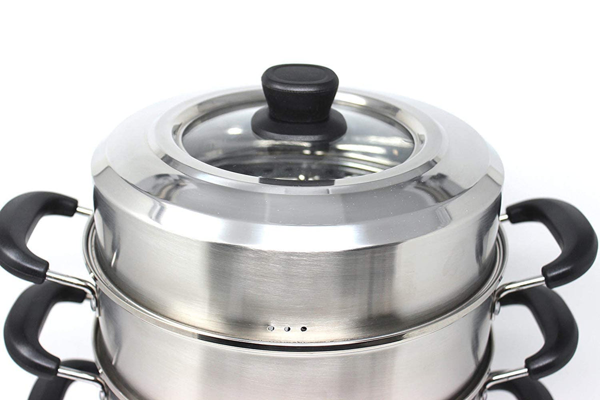 Non Electric Momo Steamer Stainless Steel Cookware 3 Tier with Lid Induction Base/Gas Burner Momo maker, Pasta Steamer, Vegetable Steamer, Momo Steamers, Rice Steamer 32 cm