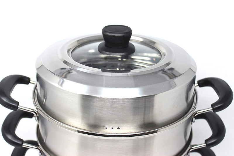 Non Electric Momo Steamer Stainless Steel Cookware 3 Tier with Lid Induction Base/Gas Burner Momo maker, Pasta Steamer, Vegetable Steamer, Momo Steamers, Rice Steamer 32 cm