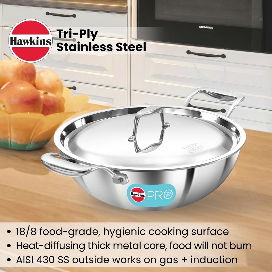 Hawkins Pro 3.5 Litre Deep-Fry Pan, Triply Stainless Steel Kadhai with Stainless Steel Handles and Stainless Steel Lid, Silver (PSK35S)