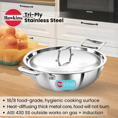 Hawkins Pro 3.5 Litre Deep-Fry Pan, Triply Stainless Steel Kadhai with Stainless Steel Handles and Stainless Steel Lid, Silver (PSK35S)