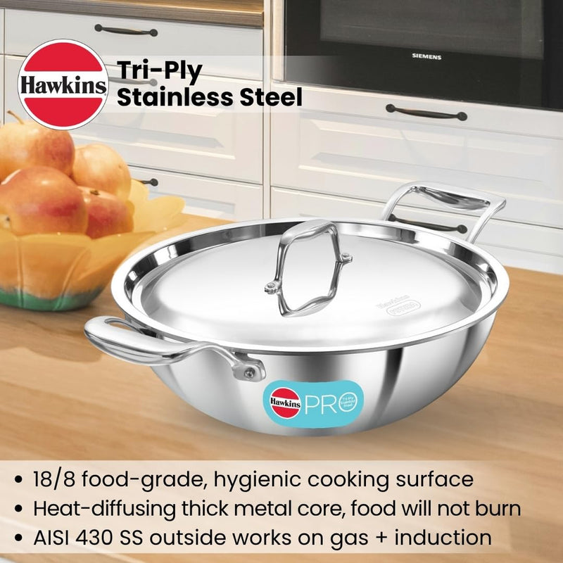 Hawkins Pro 3.5 Litre Deep-Fry Pan, Triply Stainless Steel Kadhai with Stainless Steel Handles and Stainless Steel Lid, Silver (PSK35S)