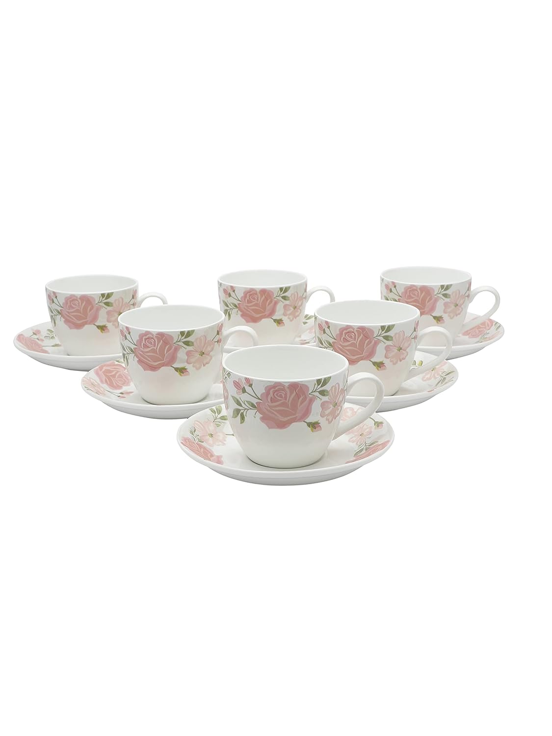 Clay Craft Fine Ceramic Cup&Saucer Set of 12 (6 Tea Cups+6 Saucers) White Pink Floral Can Be Used for Birthdays,Anniversaries,Parties,Mother,Father,Sister,Medium (Cc-Cs12-Cream-S341),180 Milliliter