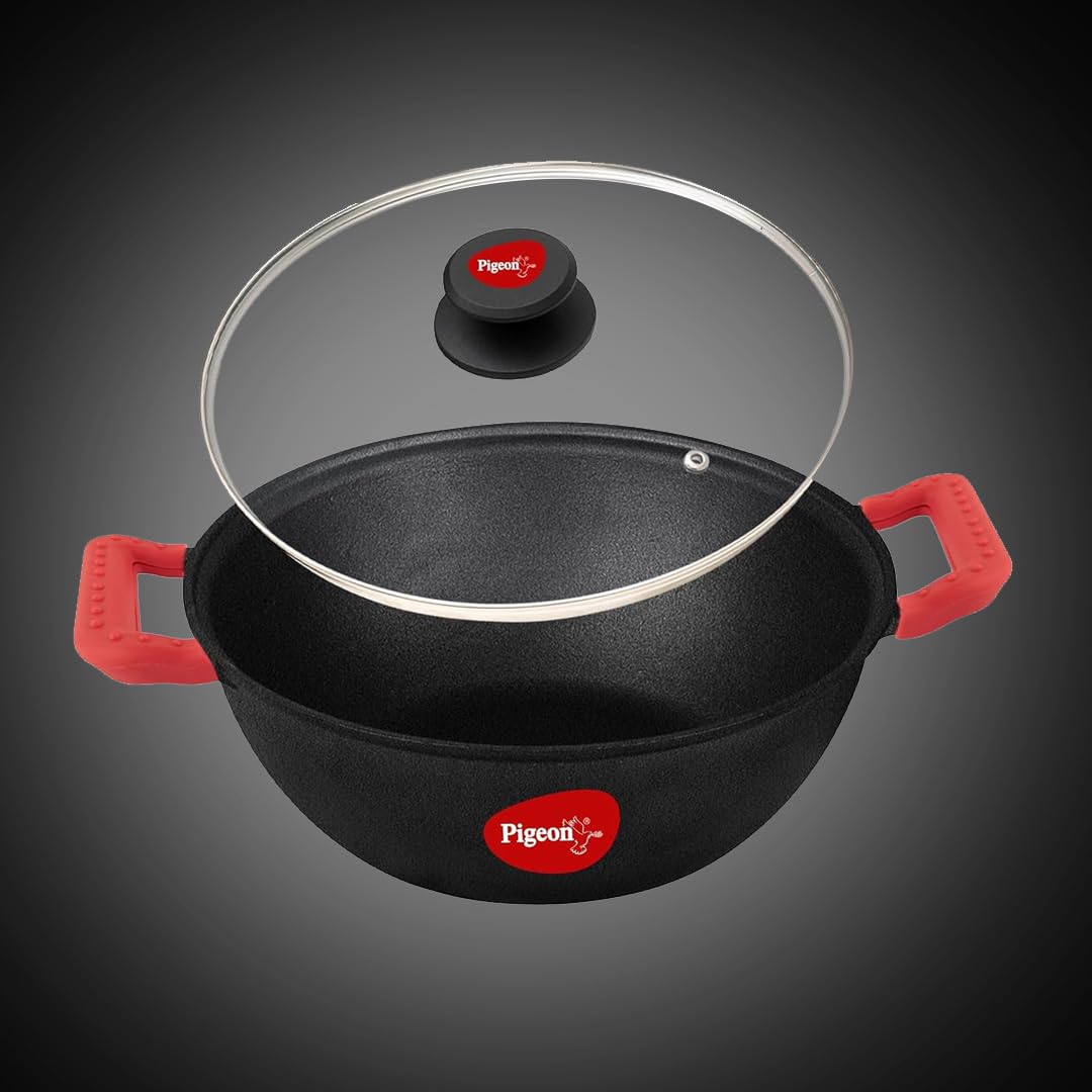 Pigeon by Stovekraft Cast Iron Kadai with Glass Lid | Medium, 26 cm | Naturally Nonstick | Pre-Seasoned Kadhai with 100%