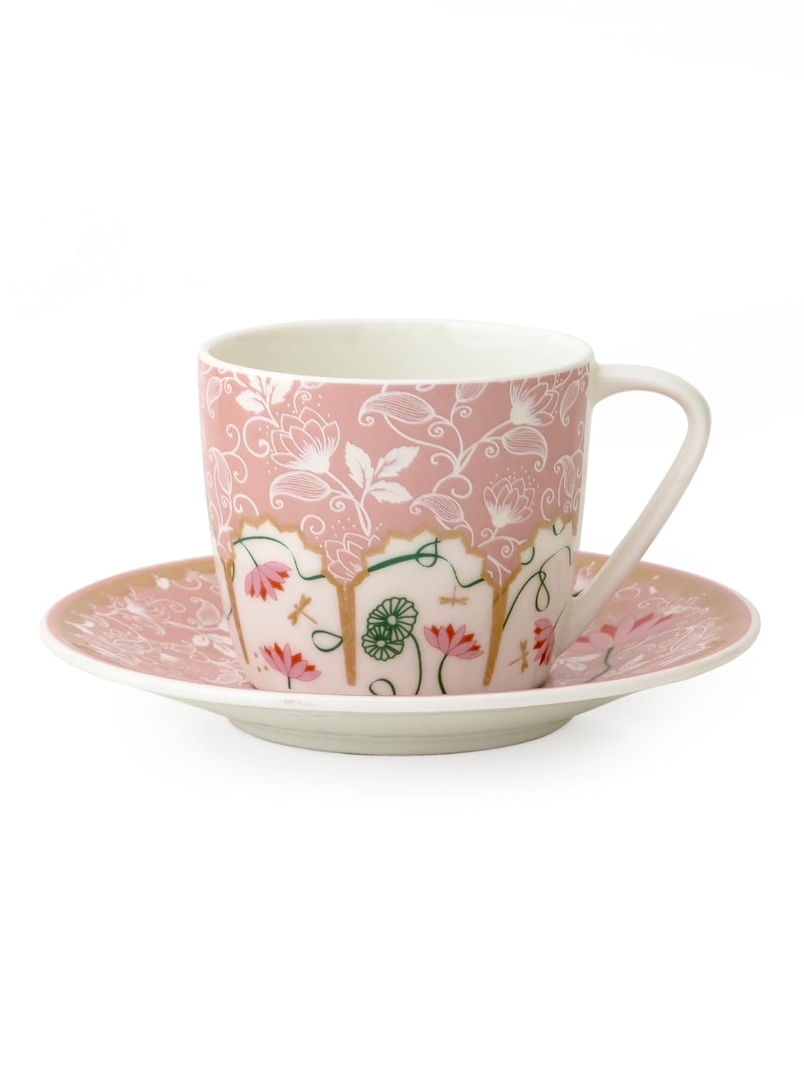 Clay Craft Fine Ceramic Printed Tea/Coffee Cup and Saucer Set of 12 (6 Cups + 6 Saucers) - 180 ml Each (Pink)