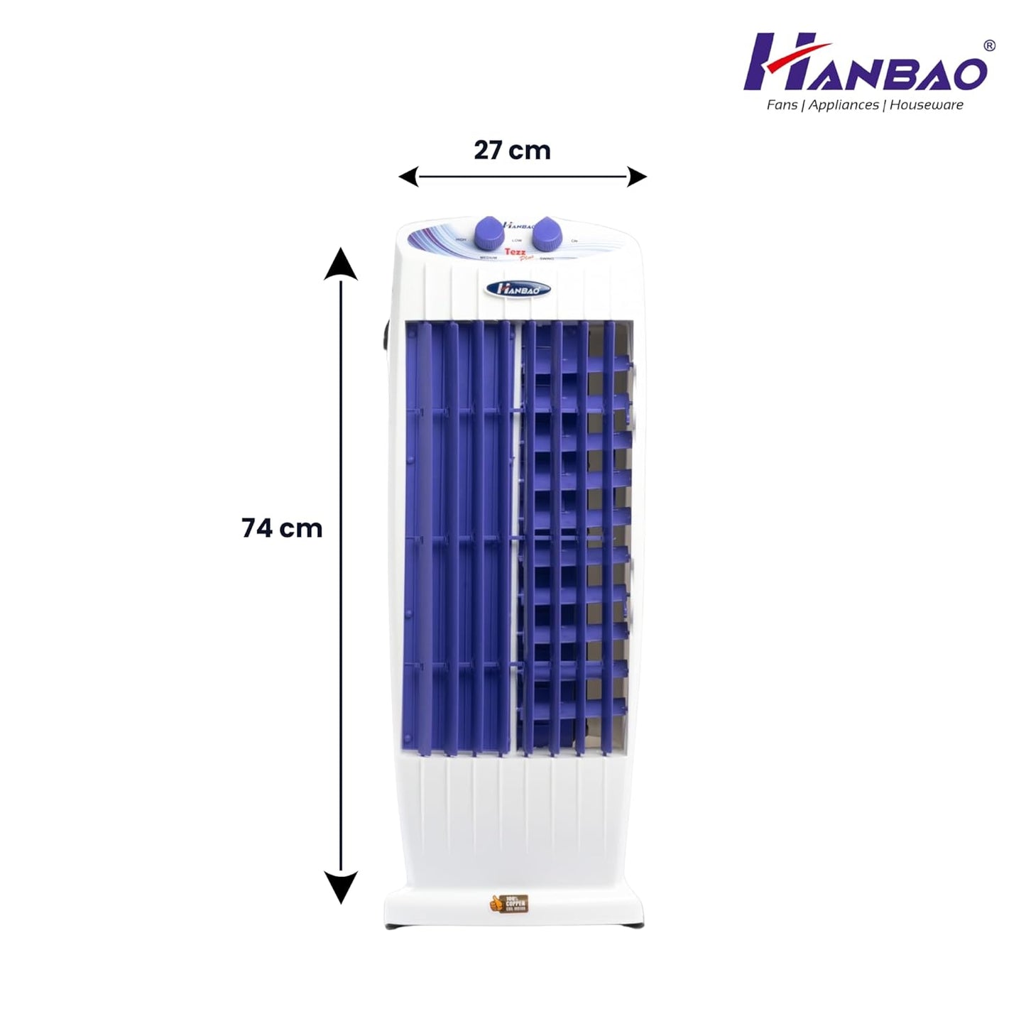 HANBAO Tower Fan with TOP safety Copper Motor, 3 Speed - 4 Way Air Deflection, High Air delivery @ 2350 m3/hr, Hi-speed & powerful, TEZZ Plus 36 months Warranty