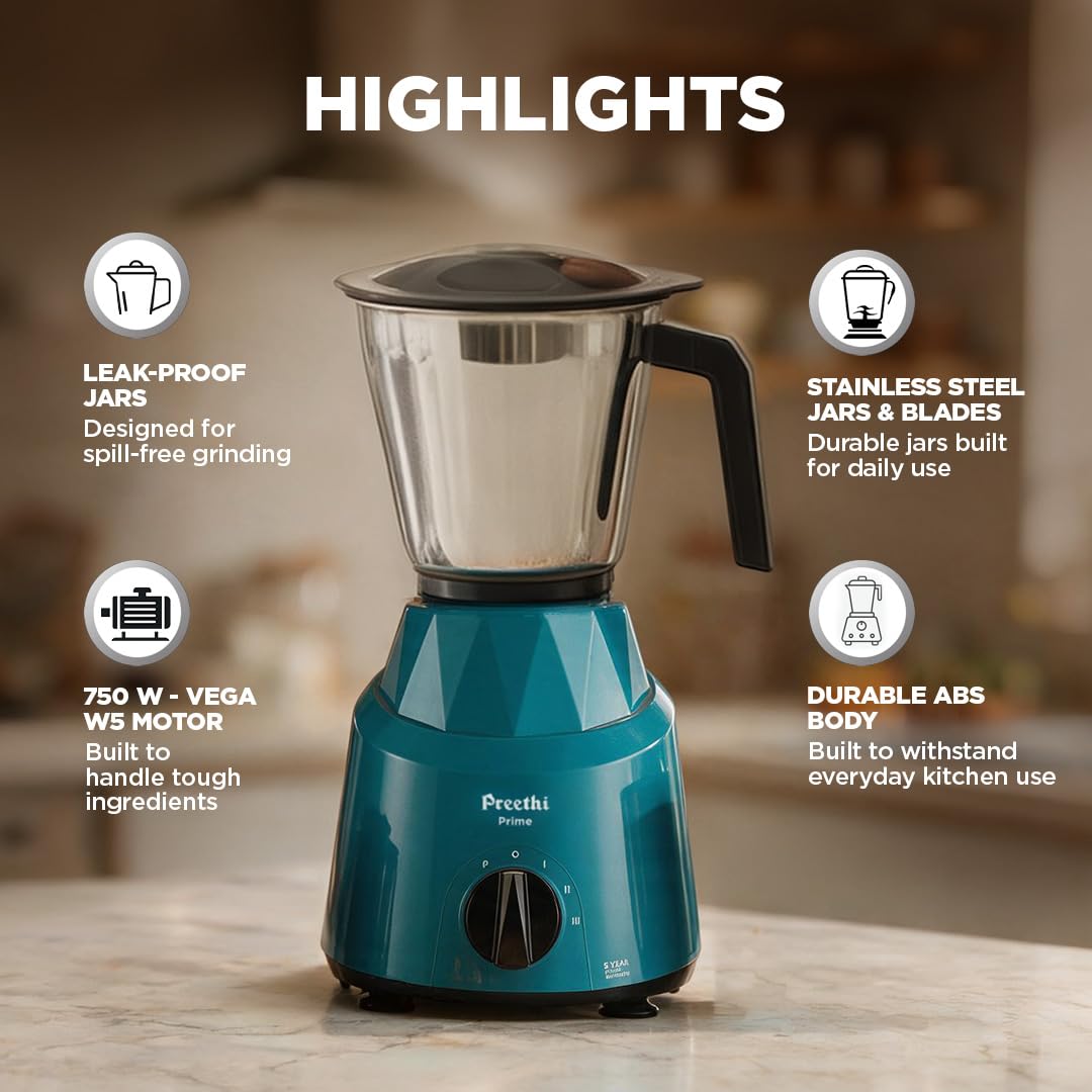 Preethi Prime Stainless Steel Mixer Grinder for Kitchen, 750 Watt, Green