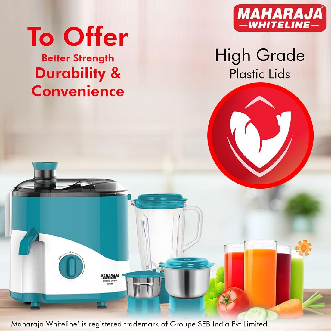 Maharaja Whiteline Odacio Prime Juicer Mixer Grinder with 3 Jars, Motor, Superior Stainless Steel Mesh, High Grade Plastic Lid for More Durability, 2 Year Warranty (Blue & White)