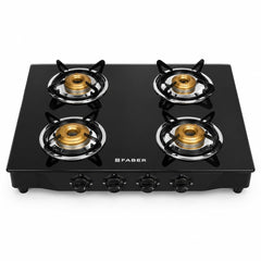Faber Jumbo Glass Top 4 Burner Gas Stove, Manual Ignition (Jumbo 4BB BK), Black