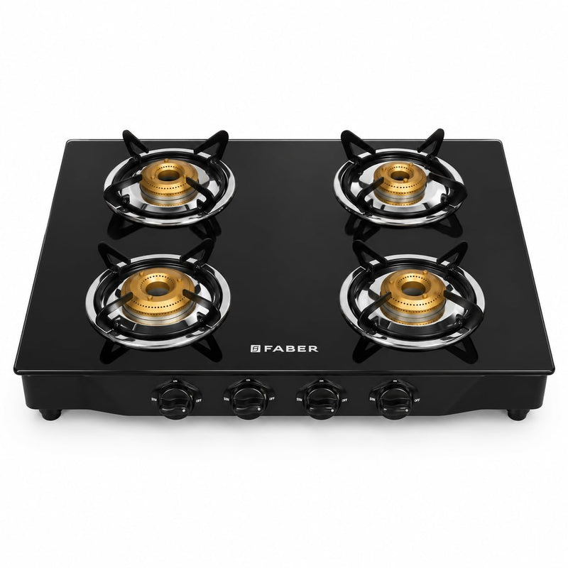 Faber Jumbo Glass Top 4 Burner Gas Stove, Manual Ignition (Jumbo 4BB BK), Black
