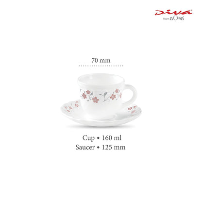 La Opala Diva, Opal Glass Crockery | Cup & Saucer Tulip Regular, Set of 12 | Grace Red, 160 ml | for Tea & Coffee | Microwave Safe | 100% Vegetarian | Extra Strong | Super Light | Super White
